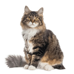 Obraz premium Curious cat sitting while looking at camera Relaxed cute fluffy kitty with beautiful asymmetric markings Full body cat portrait Isolated on transparent background