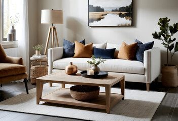 Modern farmhouse living room with wooden coffee table