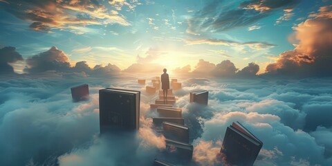 Surreal pathway of floating books leading into the clouds, symbolizing the journey of knowledge and imagination into the unknown.