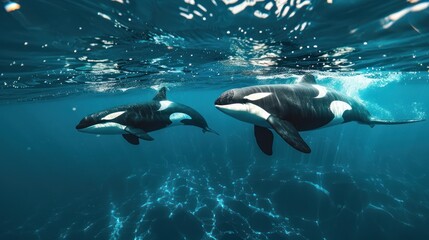 Fototapeta premium Two orcas swimming gracefully underwater in the ocean, showcasing their sleek black and white bodies and unique markings.