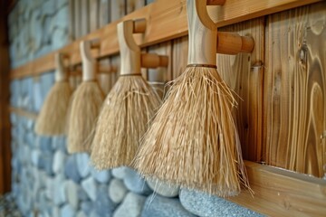 A row of brooms hanging on a wall, various colors and designs