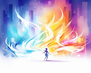 Digital art of a figure amidst vibrant colorful flames, symbolizing creativity, imagination, and the fusion of contrasting elements.
