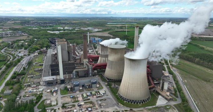 Lignite fired power station Weisweiler, aerial drone view. Germany.