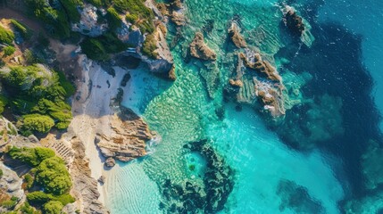 Obraz premium Bird s eye drone view of a tropical island shoreline with clear blue waters and rocky beach