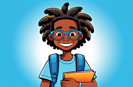 dark-skinned boy with dreadlocks and a school backpack, illustration of a schoolboy, boy with knicks in his hands, blue background