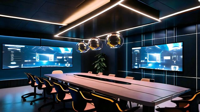 Modern Conference Room With Large Screens and Futuristic Lighting