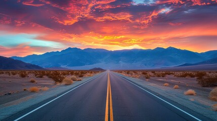 A long empty road leads towards distant mountains under a vibrant, fiery sunset sky in an arid desert landscape, creating a sense of adventure. - Powered by Adobe