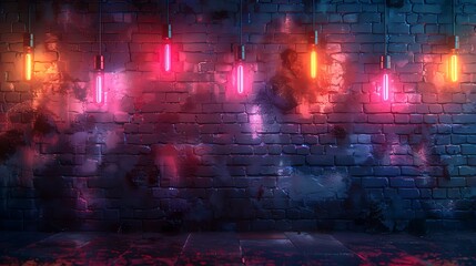 Fototapeta premium Neon stars illuminating a brick wall background, capturing the essence of an urban night scene. The vibrant neon lights pop against the textured bricks, creating a striking contrast. 