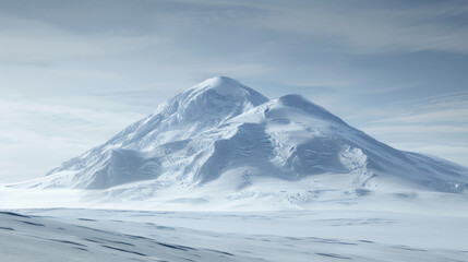 A majestic snow-covered mountain peak under a cloudy sky, showcasing a serene and cold winter landscape.