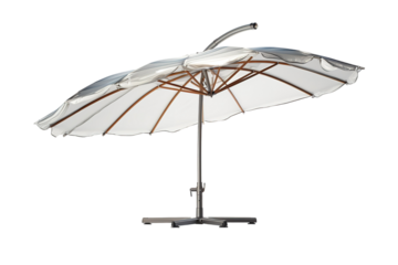 A White Patio Umbrella Tilted Against the Summer Sun on a Clear PNG or White Background.