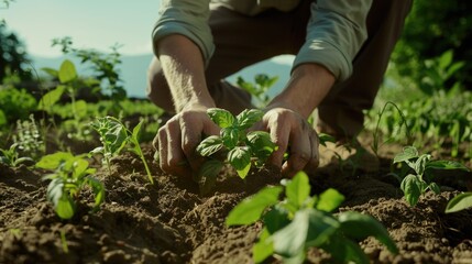 Fototapeta premium A person kneeling down in a green field holding a small plant, possible for gardening or environmental use