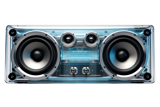Transparent Speaker System With Blue Glowing Lights on a Clear PNG or White Background.