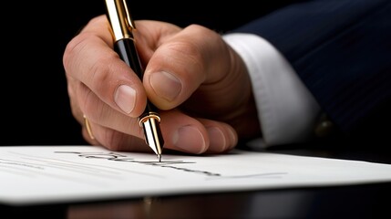 Businessman Signing Contract - Close-up of Hand with Pen on Signature Line against Black Background