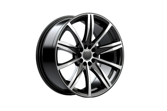 Sleek Black and Silver Alloy Wheel With Multi-Spoke Design on a Clear PNG or White Background.
