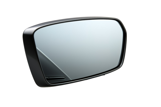 A Black Automotive Side Mirror Reflects the Open Road on a Clear PNG or White Background.