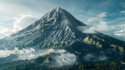 A majestic mountain with clouds rolling over its rugged slopes, surrounded by lush green vegetation and a clear sky.