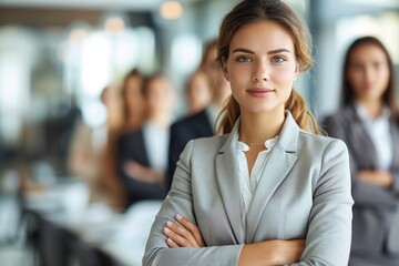 Fototapeta premium A businesswoman stands with her arms crossed in front of a blurred office background
