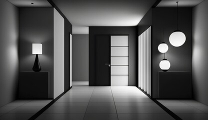 Modern interior hallway in black and white, featuring sleek lighting fixtures and minimalistic design elements. The space includes a contemporary lamp and geometric light fixtures.