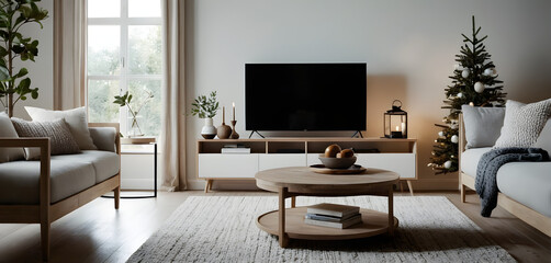 Interior of a modern living room decorated for christmas with a christmas tree, warm lights and stylish furniture