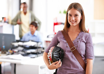 Portrait, business woman and helmet in office with smile for commute to startup creative agency or employee. Entrepreneur, consultant with safety and happiness at workplace or job with employees