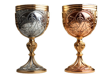 Ornate Silver And Copper Chalices With Intricate Floral Designs on a Clear PNG or White Background.