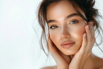 Fototapeta premium Beautiful young Asian woman with clean, fresh skin touching her face and smiling on a white background, isolated in a beauty treatment concept, spa luxury aesthetic.