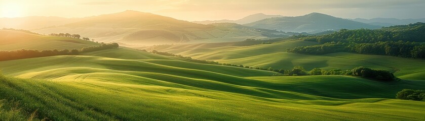 Obraz premium Breathtaking panoramic view of rolling green hills and valleys at sunrise, showcasing nature's serene beauty and morning tranquility.