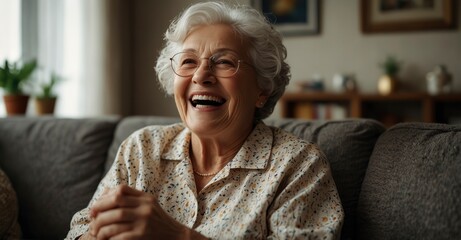 Elderly woman sitting on couch, laughing joyfully at home