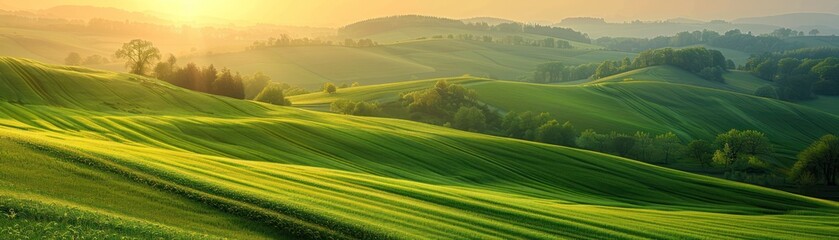 Obraz premium Breathtaking panoramic view of rolling green hills under a golden sunrise, capturing the beauty and tranquility of the countryside.