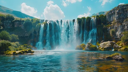 Breathtaking view of a serene waterfall cascading into a clear, blue river surrounded by lush greenery and rocky cliffs under a bright sky.
