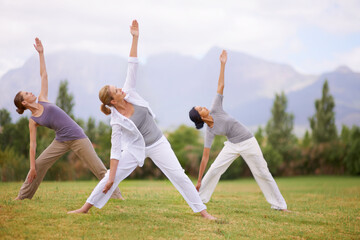 Group, yoga and women stretching outdoor for exercise, healthy body or fitness of friends. Park, pilates pose and people in nature for balance or holistic practice for wellness together in summer