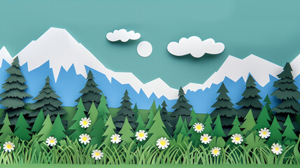 Colorful paper art landscape with mountains, trees, and flowers.