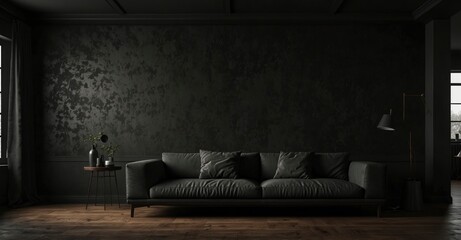  Empty black wall in a dark living room