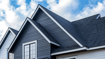 Close-up of a modern house roof with sharp angles and a clear blue sky background.