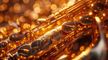 Fototapeta premium Glistening Saxophone Close-Up in Golden Bokeh Background