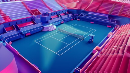 Obraz premium Vector illustration of a modern indoor tennis stadium with colorful seats, court lines, and spotlight beams illuminating the court. Olympic sport game concept.