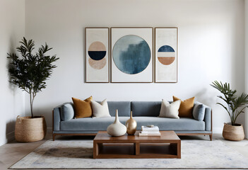Create a tranquil and modern atmosphere with a chic living room adorned with a blue sofa, abstract art, and natural accents