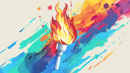 A vibrant digital illustration featuring a flaming Olympic torch with abstract colorful streaks in the background, symbolizing energy and creativity. Olympic sport game concept.