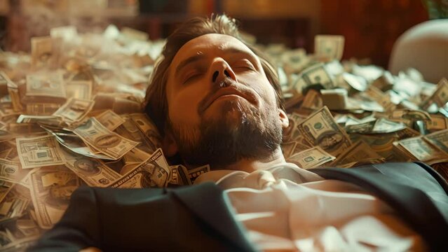A man in a suit lies peacefully on a pile of cash, symbolizing wealth, success, and financial abundance in a luxurious setting.