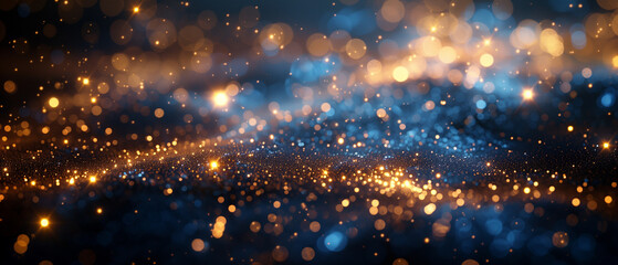 An abstract blue golden background with dark blue and gold particles, Christmas golden light shine...