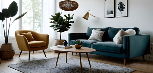 Modern living room interior with a designer sofa, an armchair, a coffee table and plants showing the urban jungle trend