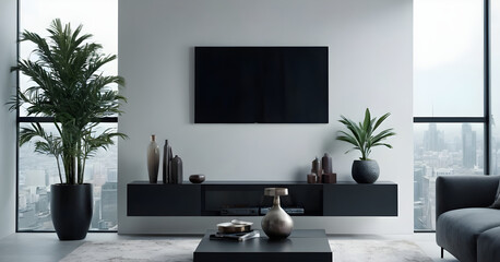 Modern living room interior with a large television, houseplants and large windows showing a city skyline