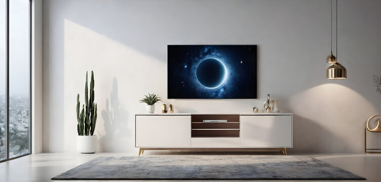 Modern living room with a big tv showing a solar eclipse, offering a captivating view