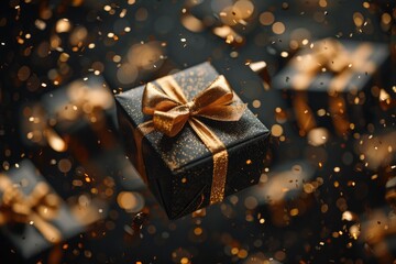 Elegant Black Gift Boxes with Golden Bows and Sequins