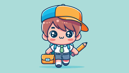 Fototapeta premium Cute Kids Go to School with Bag and Pencil Vector