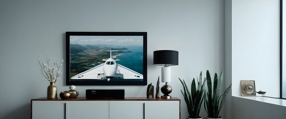 Contemporary living room featuring a large framed photo of a plane taking off above a television