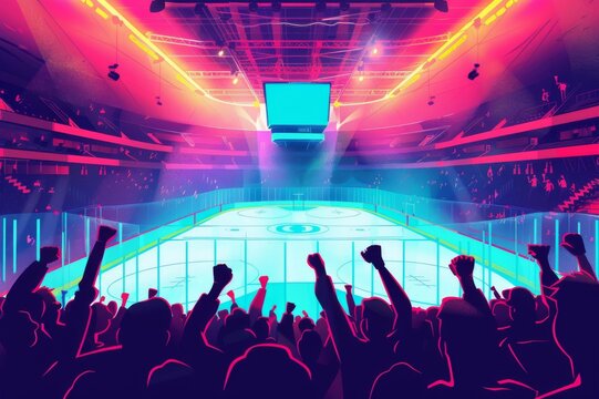 Vibrant stadium with cheering crowd and illuminated hockey arena, showcasing an energetic sporting event under neon lights. Olympic sport game concept.