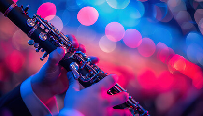 Fototapeta premium Close-up of a clarinet player's hands with a blurred background of pink and blue stage lights. Generated by AI.