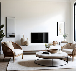 Modern minimalist living room with wicker armchairs and a marble coffee table, filled with natural light and airiness