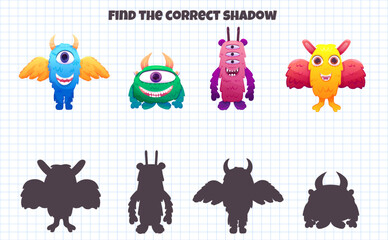 Puzzle game find the right shadow with cute monsters
